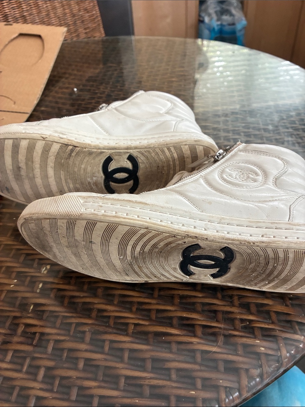 CHANEL Women's White Leather High-Top Sneakers